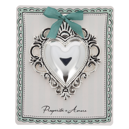 Cuore Votivo moderno in resina argentata. Dimensioni 17,5x21,5 cm