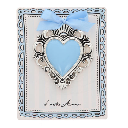 Cuore Votivo moderno in resina - cuore celeste e cornice argentata. Dimensioni 14X17,5 cm