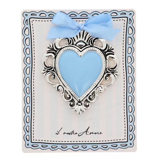 Cuore Votivo moderno in resina - cuore celeste e cornice argentata. Dimensioni 14X17,5 cm