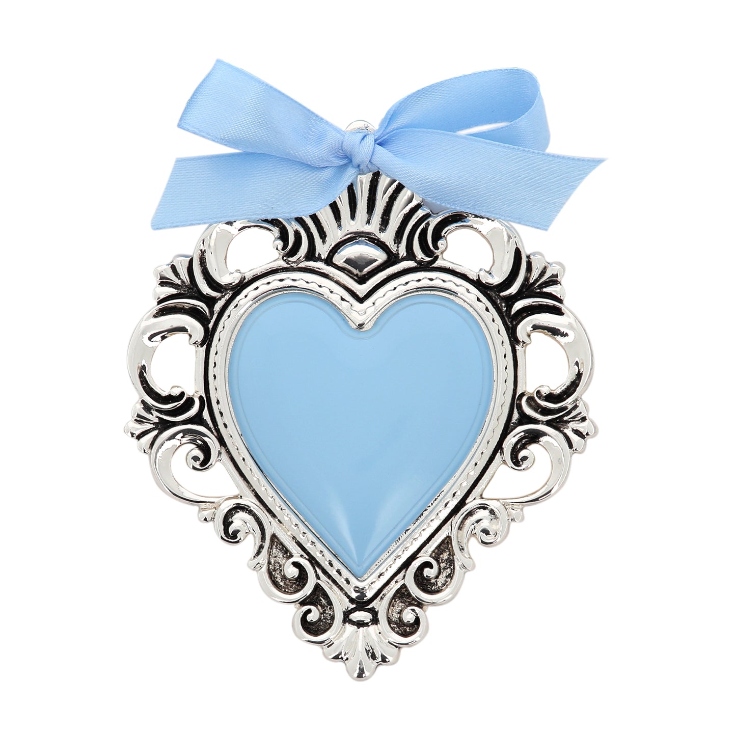 Cuore Votivo moderno in resina - cuore celeste e cornice argentata. Dimensioni 14X17,5 cm