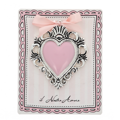 Cuore Votivo moderno in resina - cuore rosa e cornice madreperla. Dimensioni 14X17,5 cm