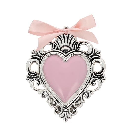 Cuore Votivo moderno in resina - cuore rosa e cornice madreperla. Dimensioni 14X17,5 cm