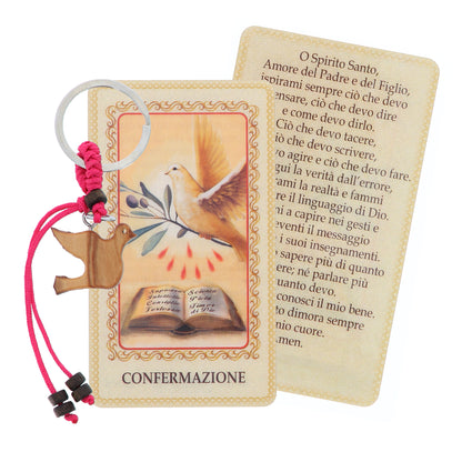 Ricordino Cresima - Portachiavi in corda e colomba in ulivo 8 cm