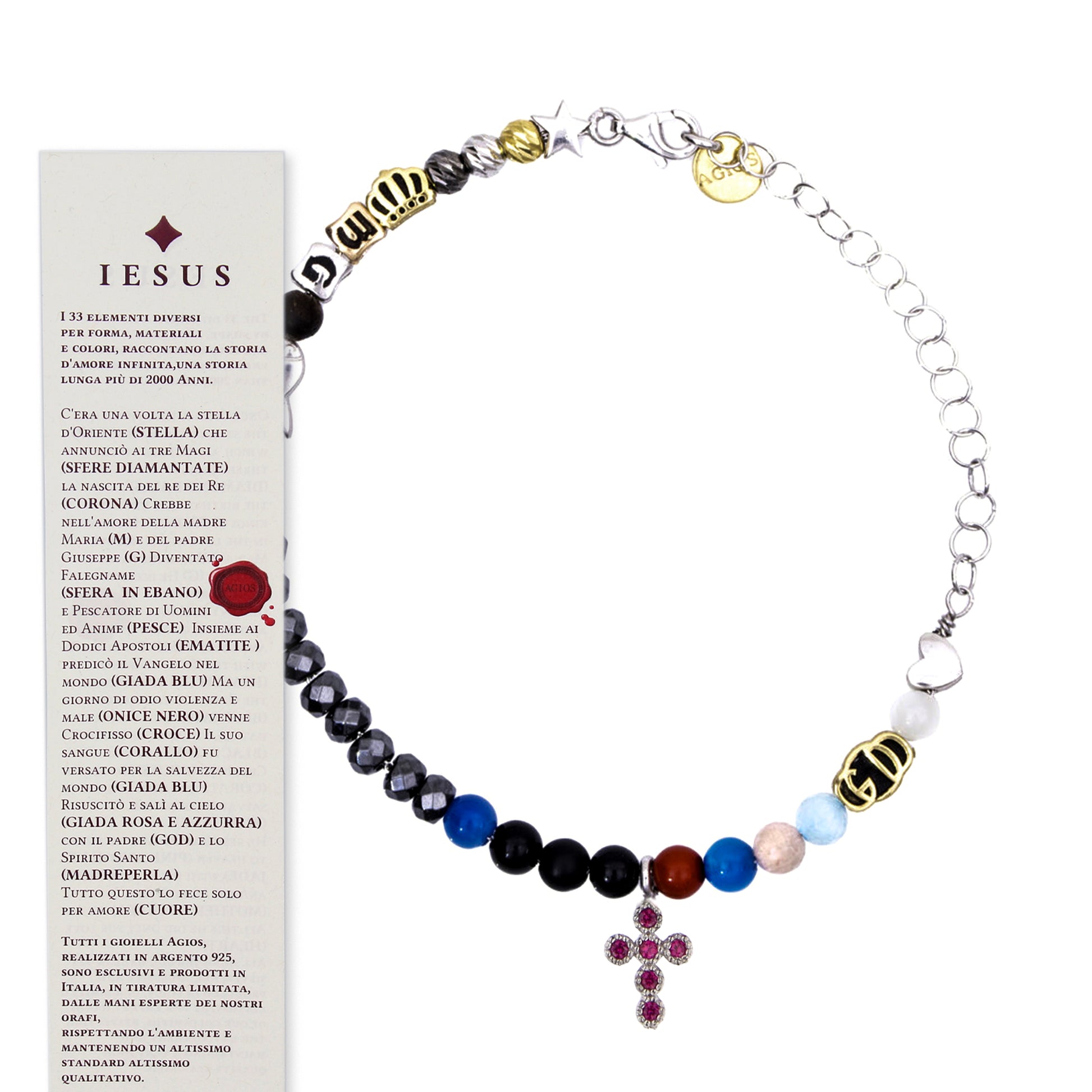 Bracciale Iesus - Vita di Gesù croce con zirconi rubini e pietre 4 mm