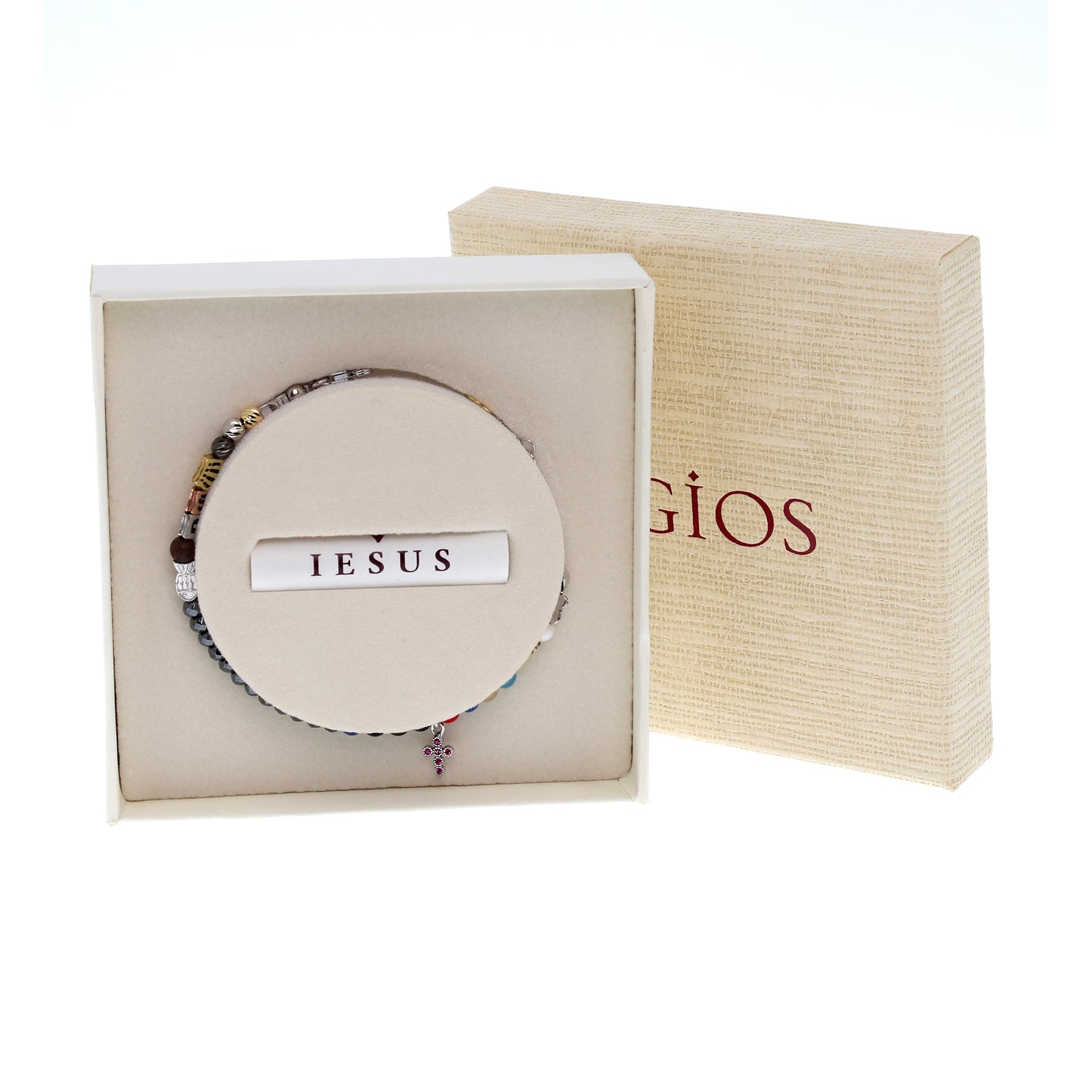Bracciale Iesus - Vita di Gesù croce con zirconi rubini e pietre 4 mm
