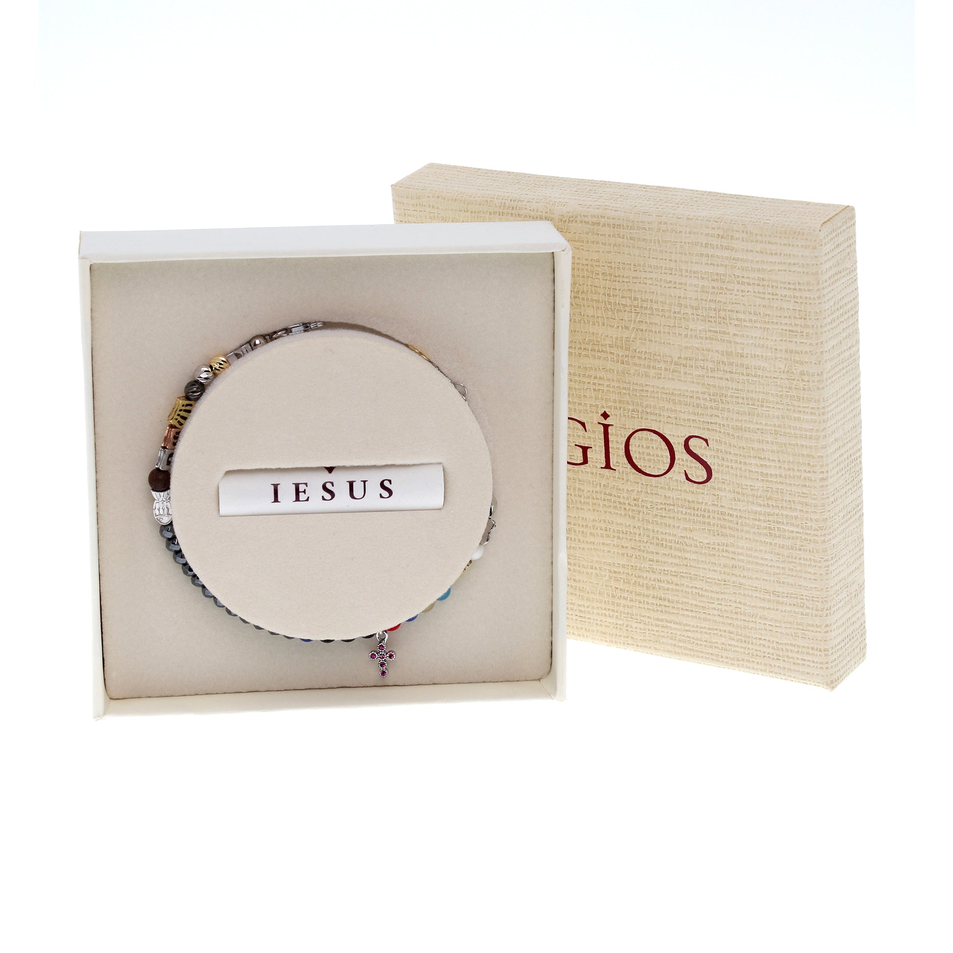 Bracciale Iesus - Vita di Gesù croce con zirconi rubini e pietre 4 mm