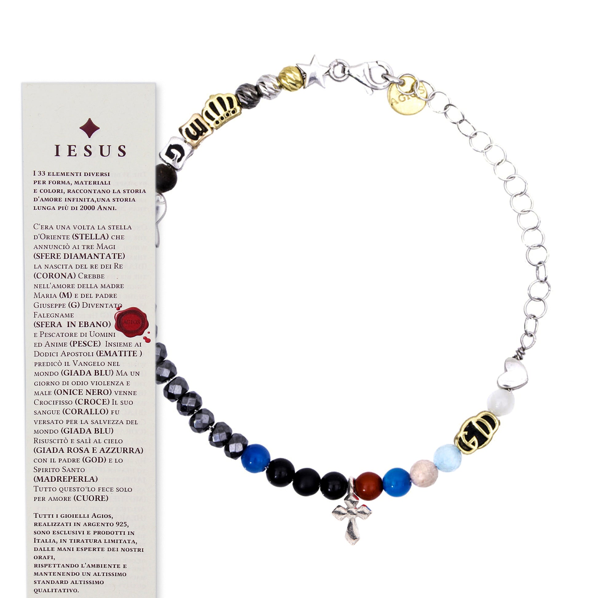 Bracciale Iesus - Vita di Gesù croce argento rodiato e pietre 4 mm