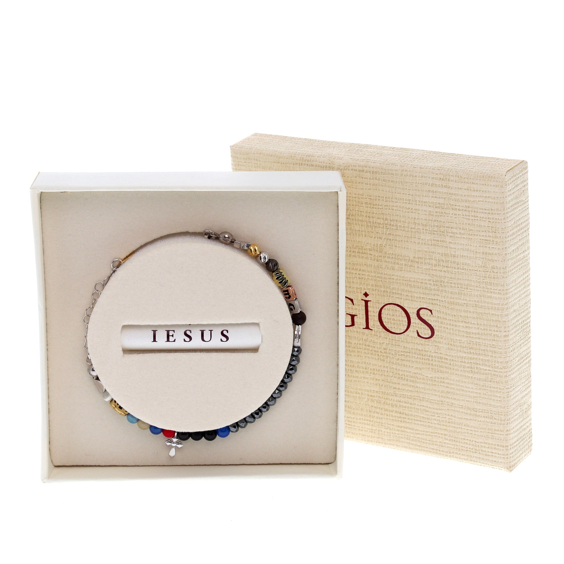 Bracciale Iesus - Vita di Gesù croce argento rodiato e pietre 4 mm