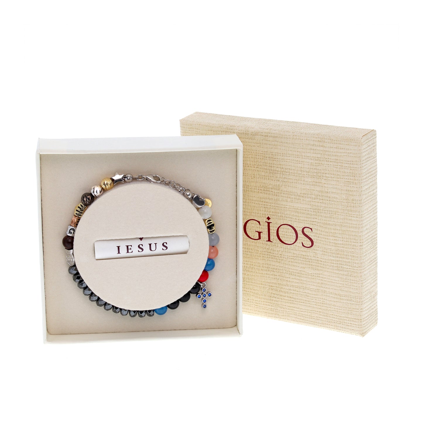 Bracciale Iesus - Vita di Gesù croce con zirconi rubini e pietre 6 mm