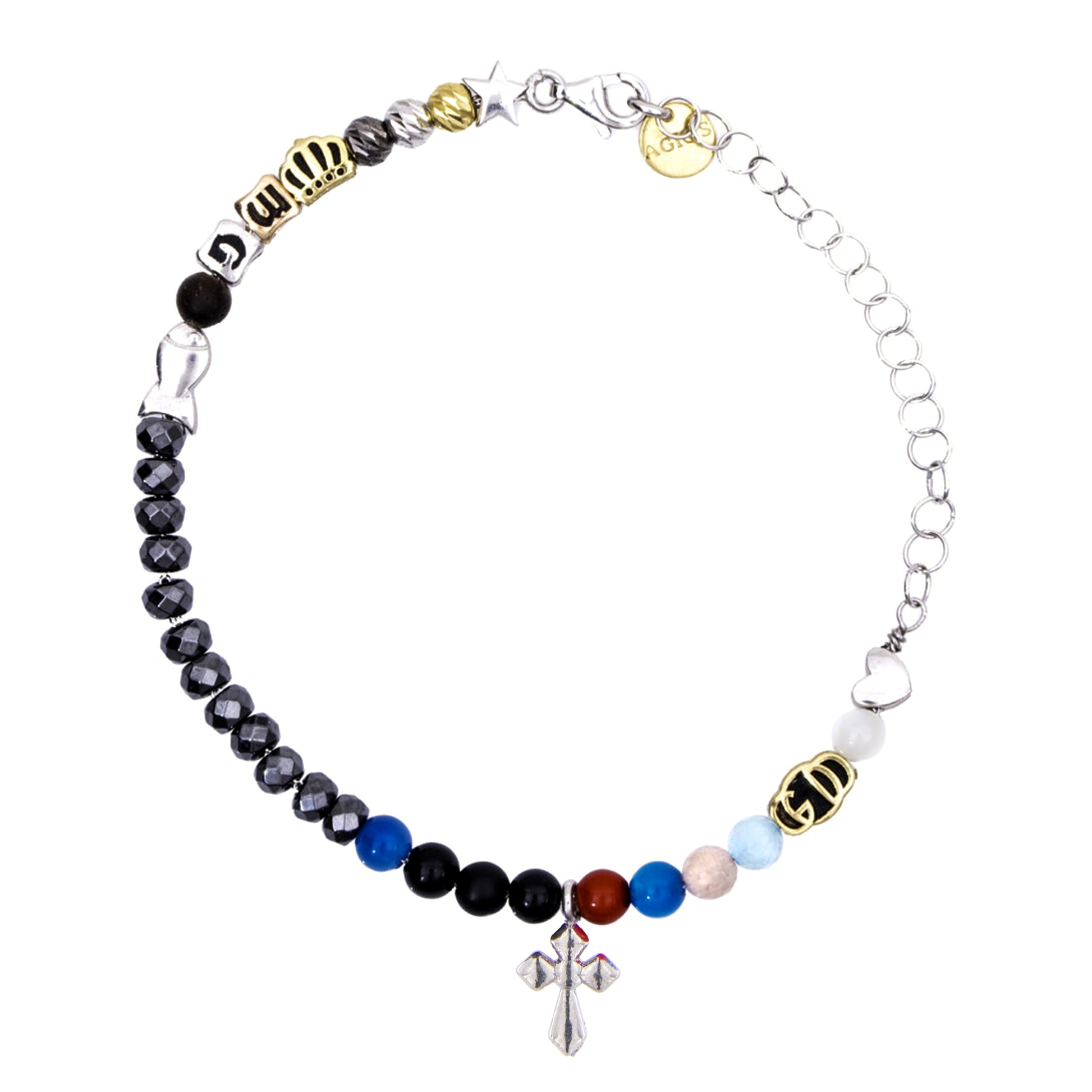 Bracciale Iesus - Vita di Gesù croce argento rodiato e pietre 6 mm