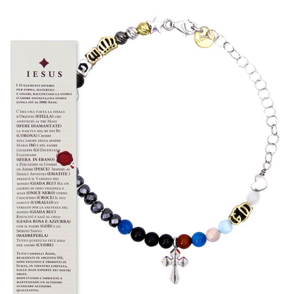 Bracciale Iesus - Vita di Gesù croce argento rodiato e pietre 6 mm
