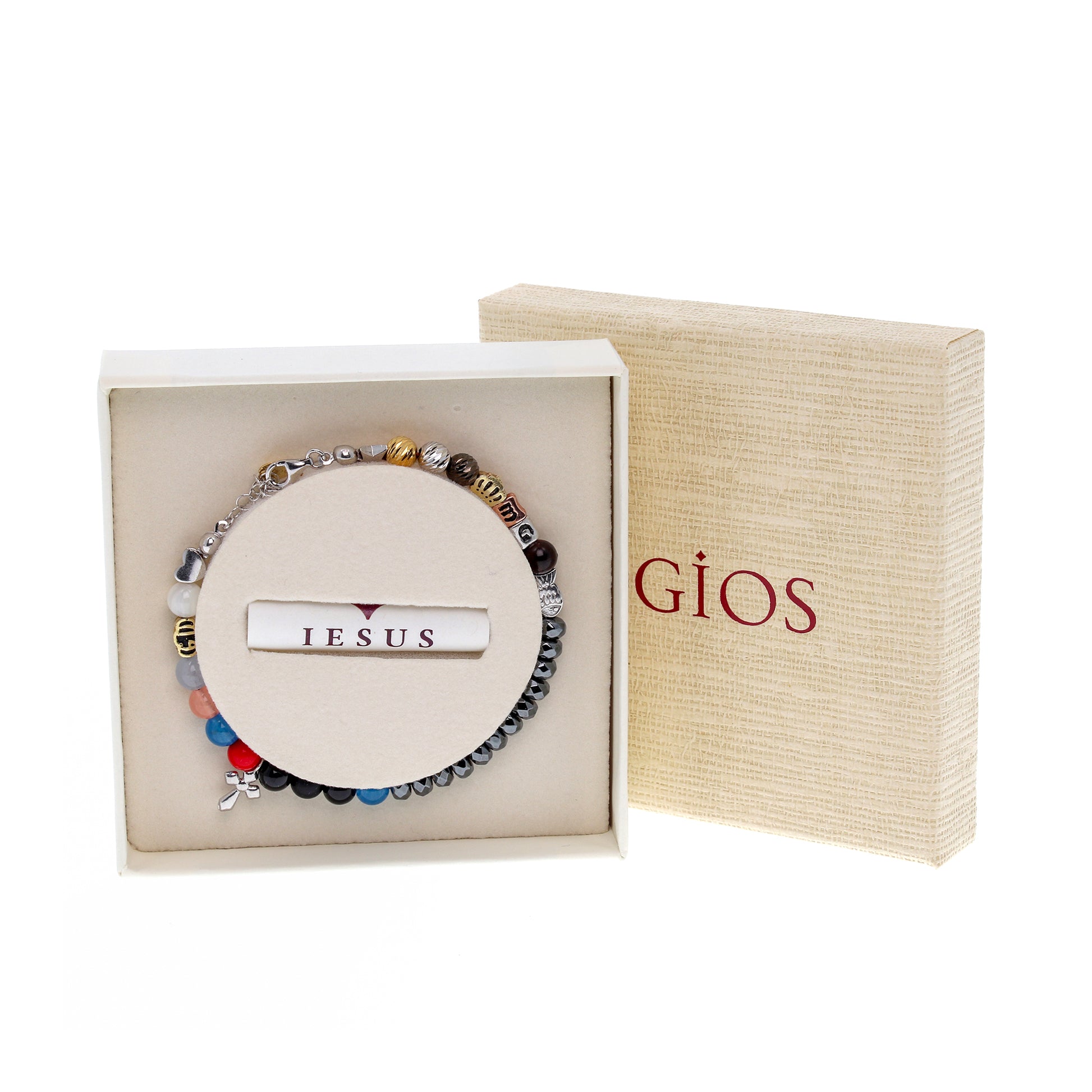 Bracciale Iesus - Vita di Gesù croce argento rodiato e pietre 6 mm