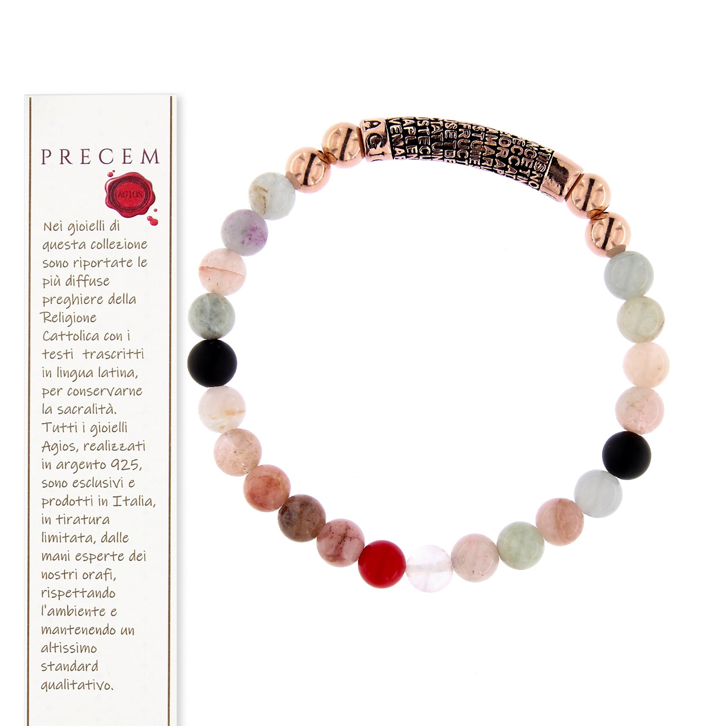 Bracciale Precem Mater in pietre naturali con Ave Maria, argento 925