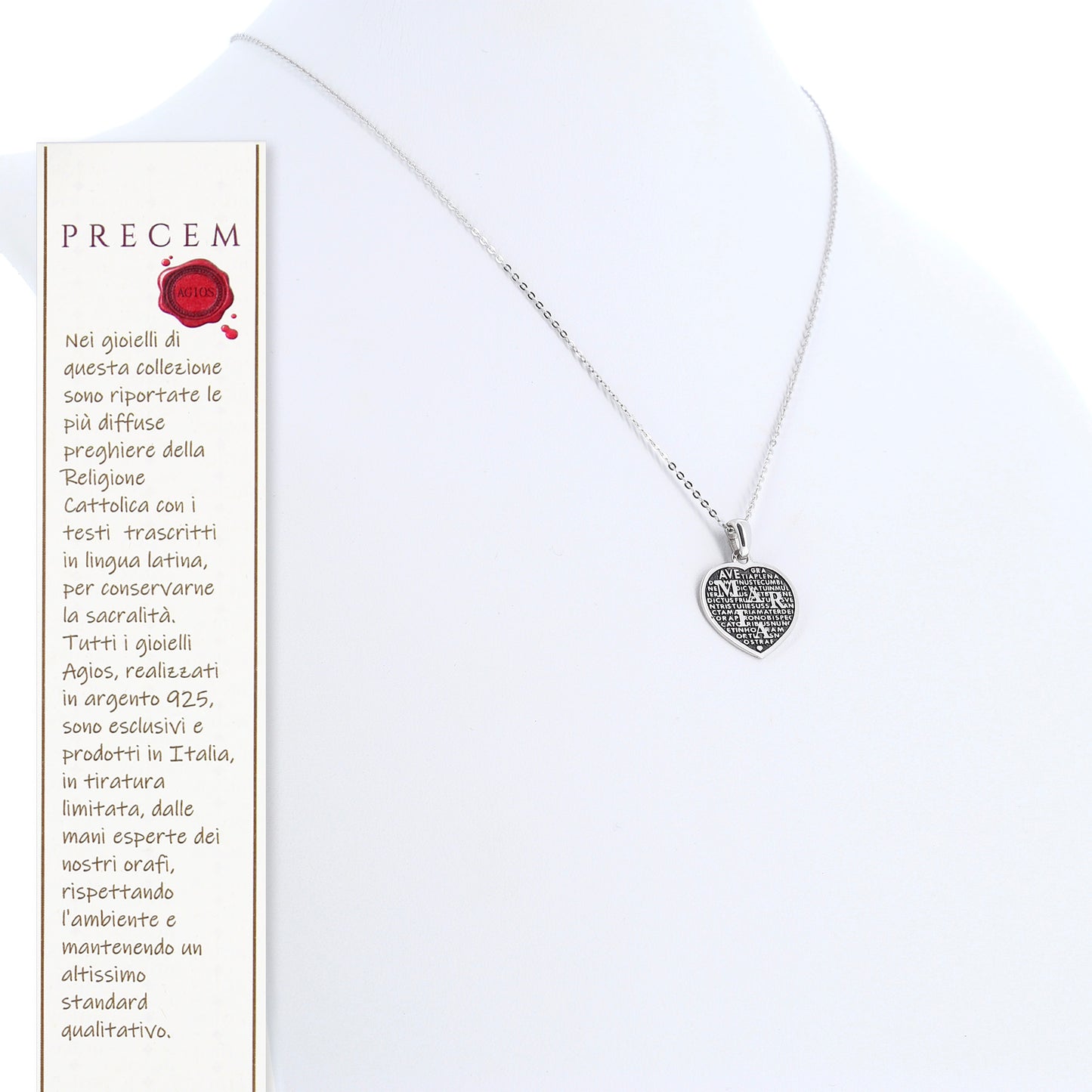 Collana Mater ciondolo cuore Ave Maria, in argento 925