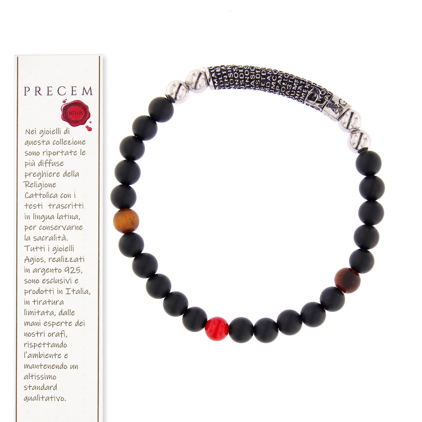 Bracciale Pater con pietre nere naturali e Padre Nostro, argento 925