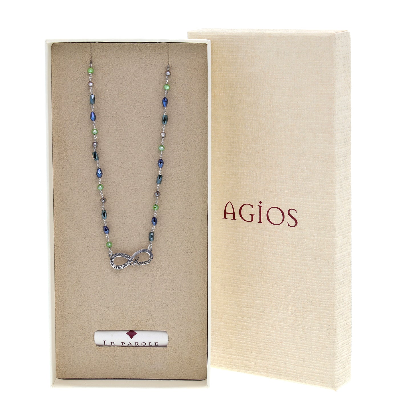 Collana Color Infinitum con pietre colorate,  simbolo infinito e incisione, in argento 925