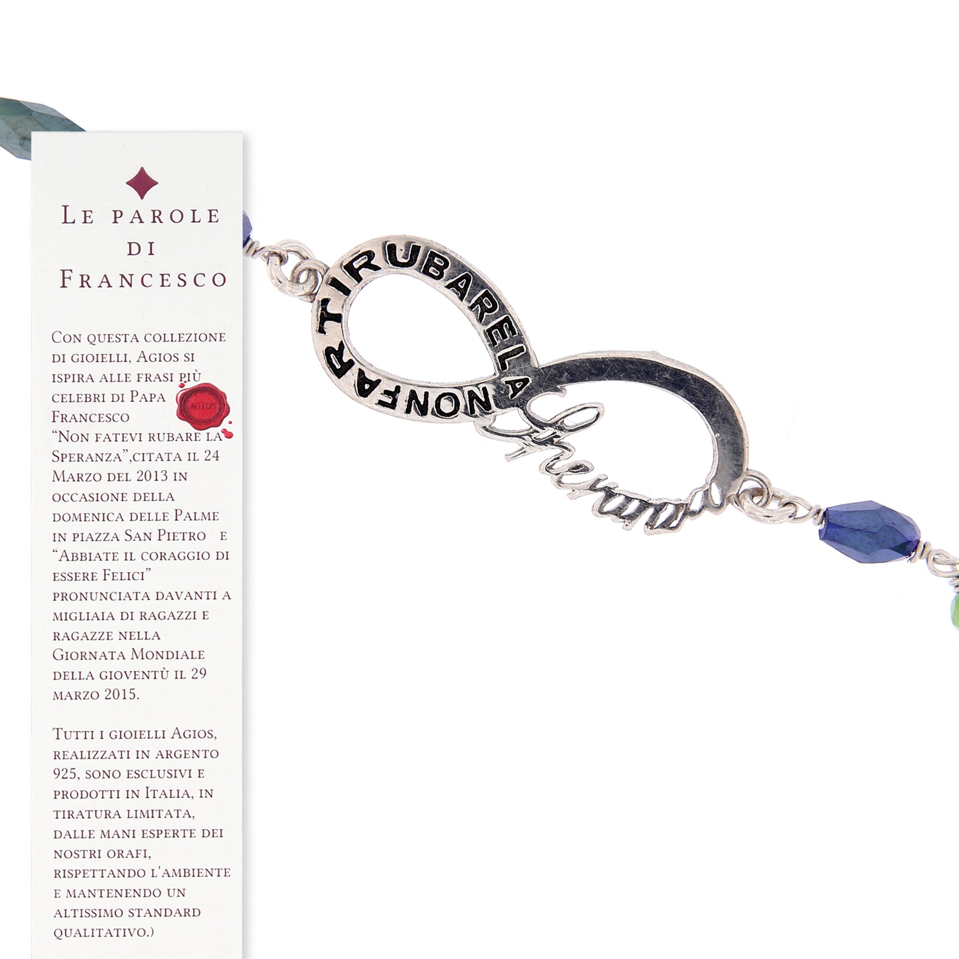 Bracciale Color Infinitum con pietre colorate,  simbolo infinito e incisione, in argento 925