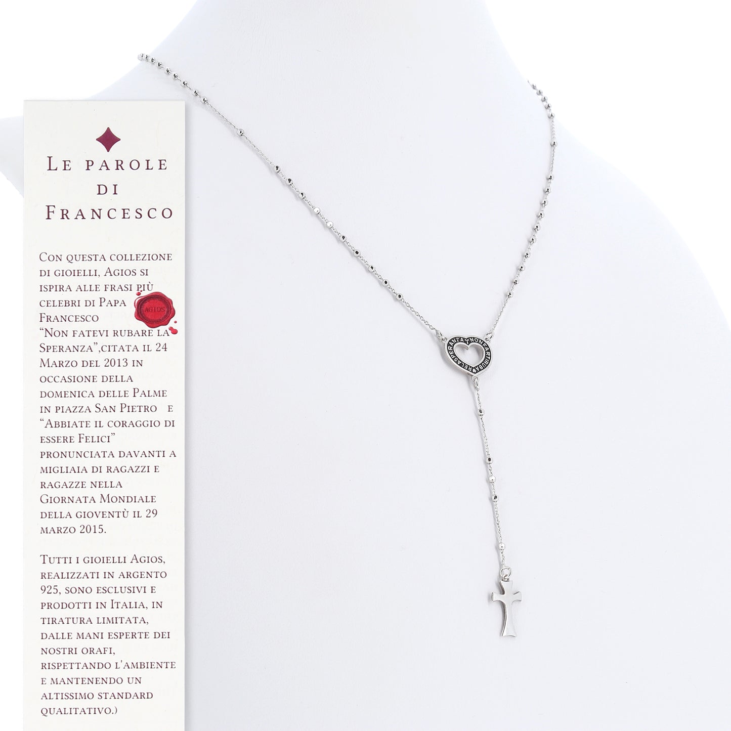 Collana Rosario Cor con crociera incisa, in argento 925