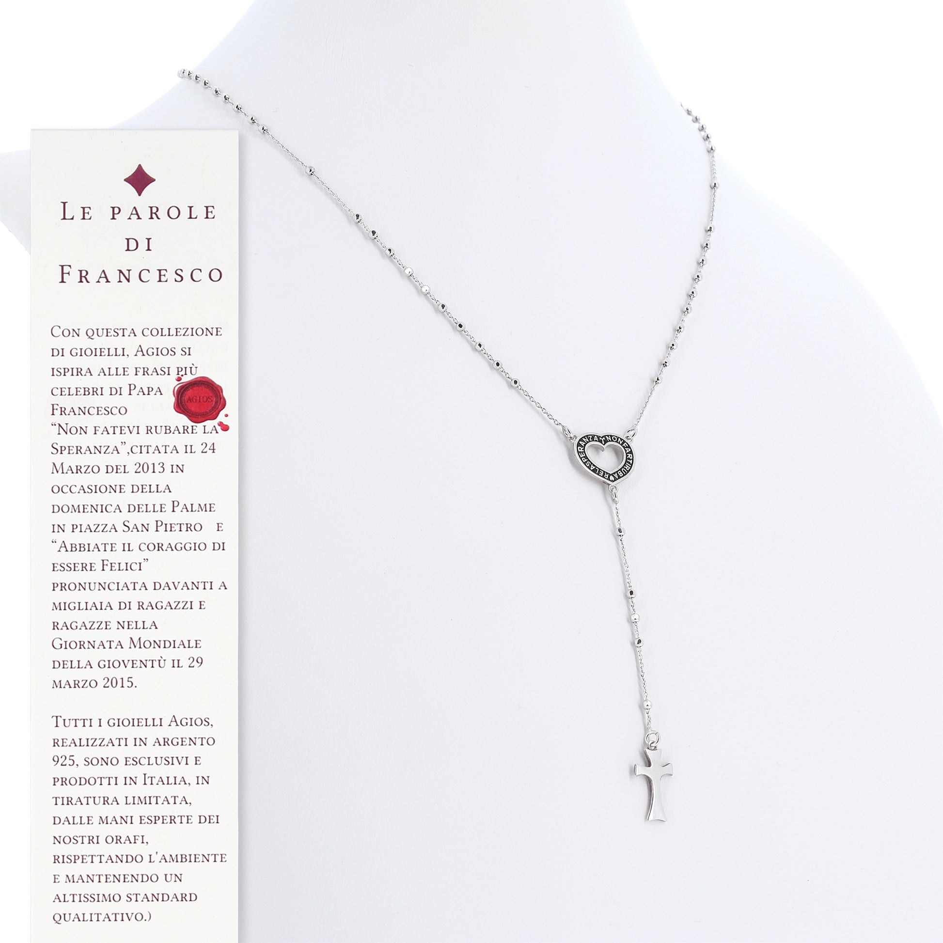 Collana Rosario Cor con crociera incisa, in argento 925