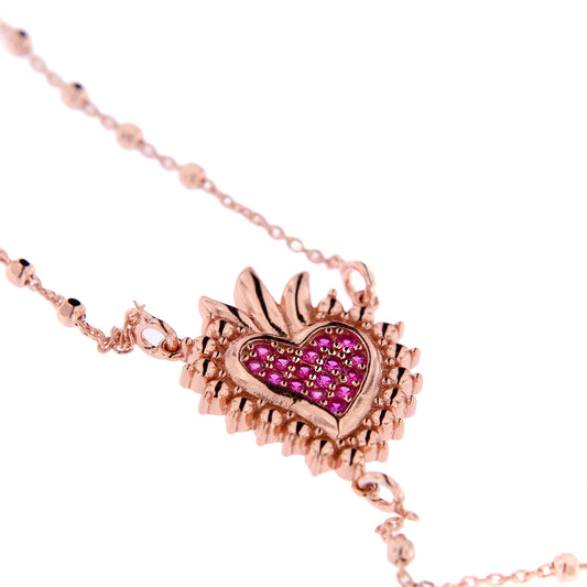 Collana Rosario Lumae Cor con crociera Cuore Votivo, argento 925 rosè
