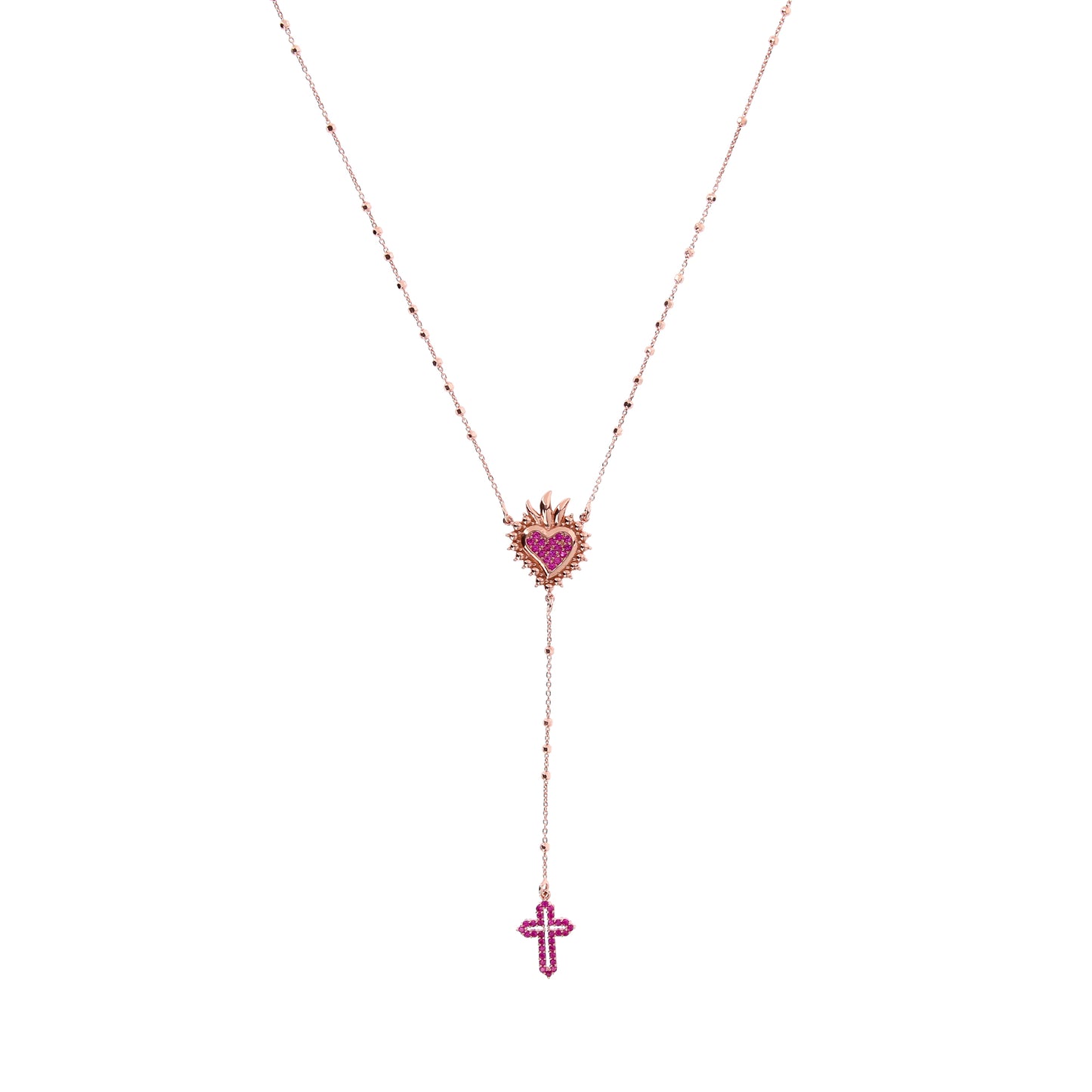 Collana Rosario Lumae Cor con crociera Cuore Votivo, argento 925 rosè