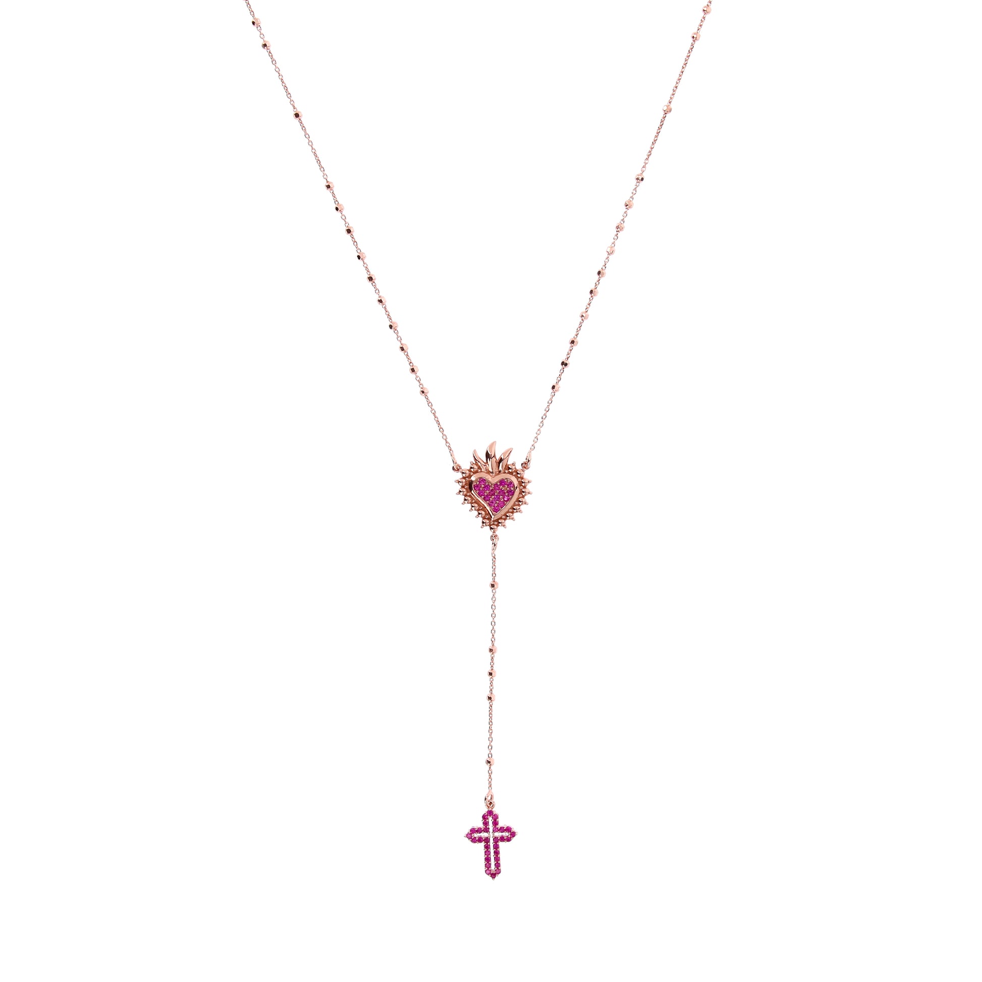 Collana Rosario Lumae Cor con crociera Cuore Votivo, argento 925 rosè
