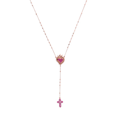 Collana Rosario Lumae Cor con crociera Cuore Votivo, argento 925 rosè