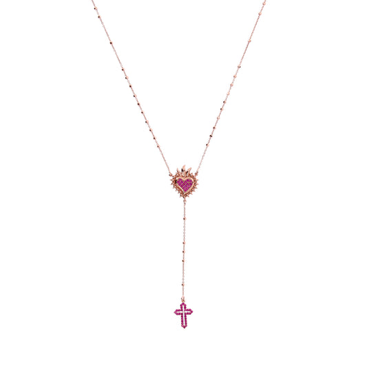 Collana Rosario Lumae Cor con crociera Cuore Votivo, argento 925 rosè