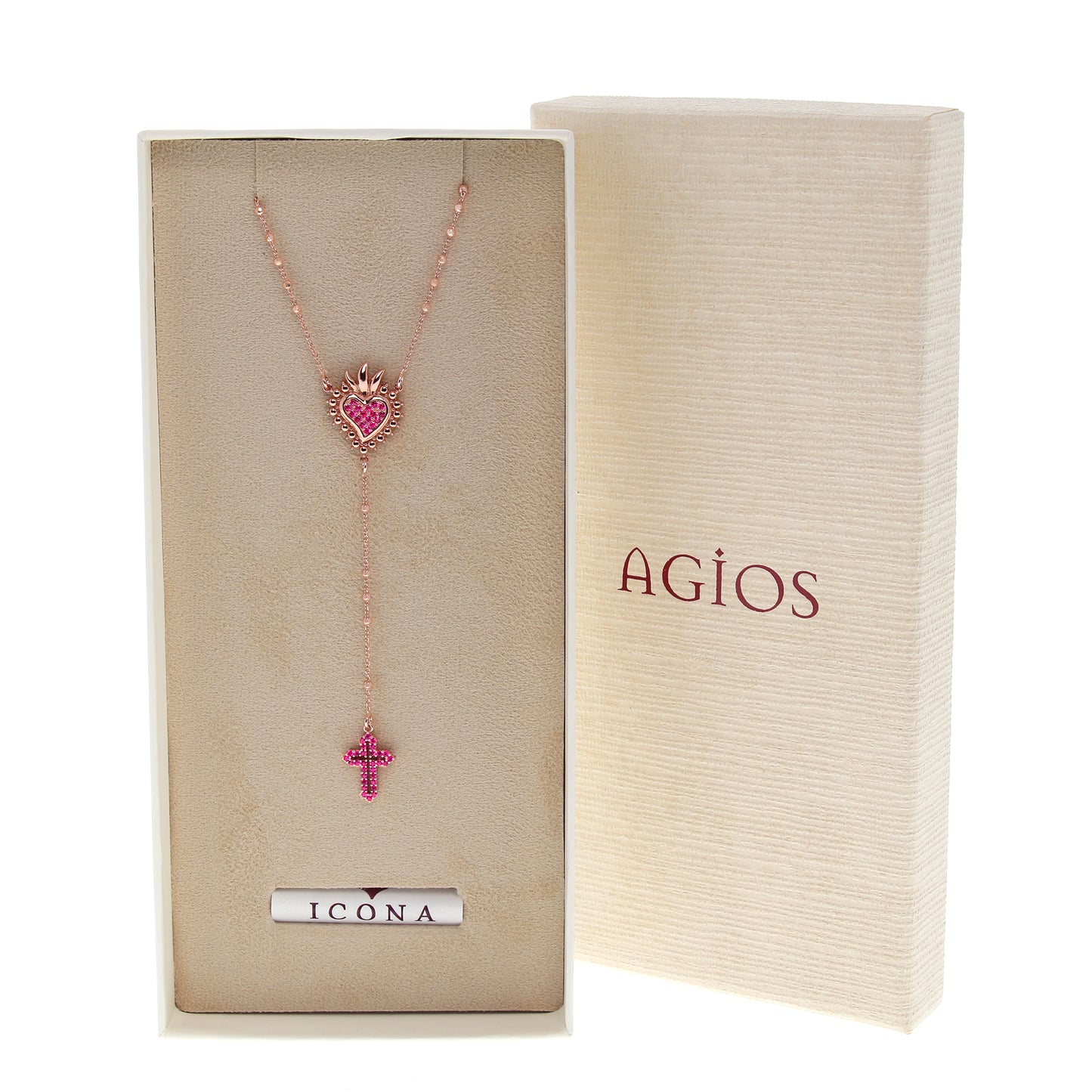 Collana Rosario Lumae Cor con crociera Cuore Votivo, argento 925 rosè