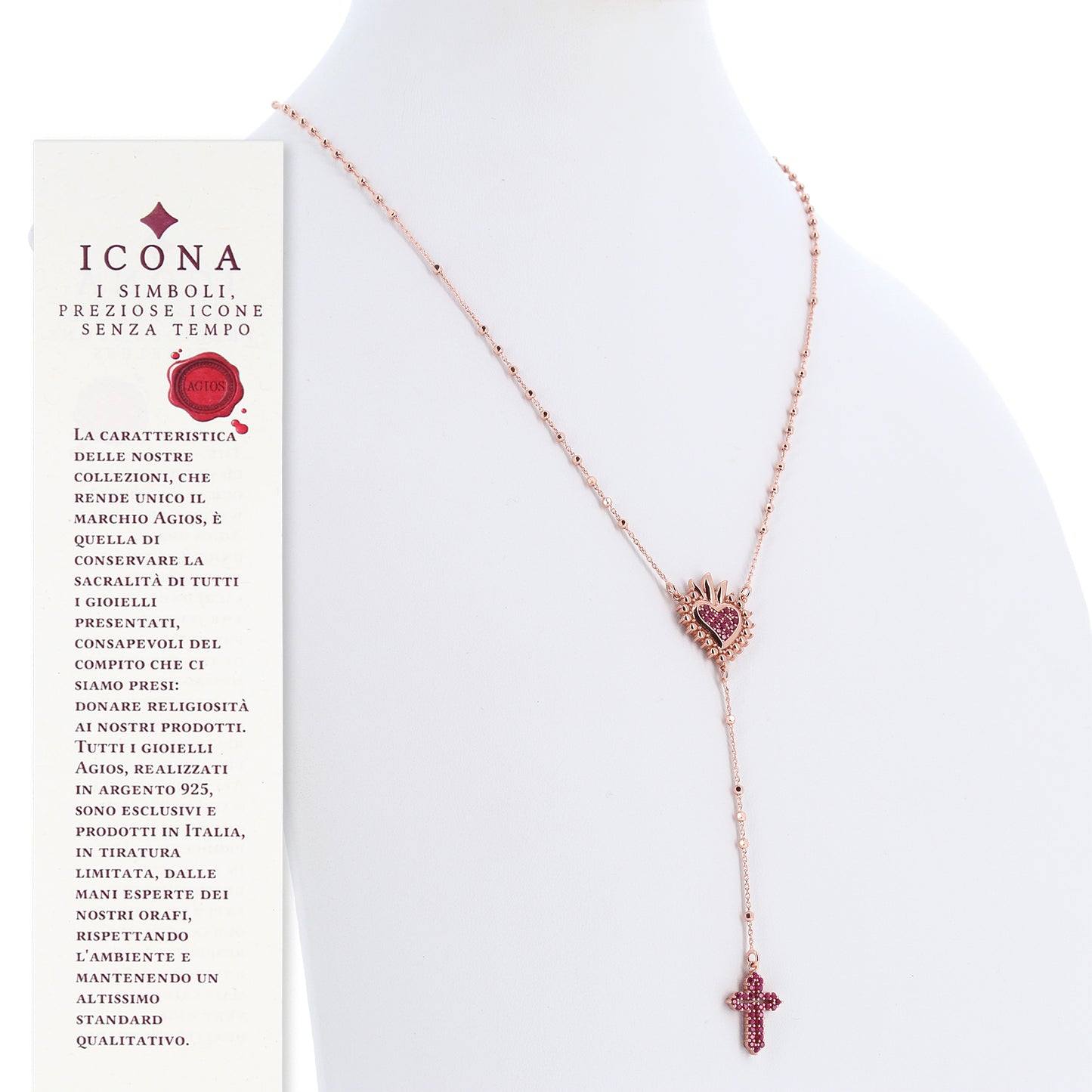 Collana Rosario Lumae Cor con crociera Cuore Votivo, argento 925 rosè