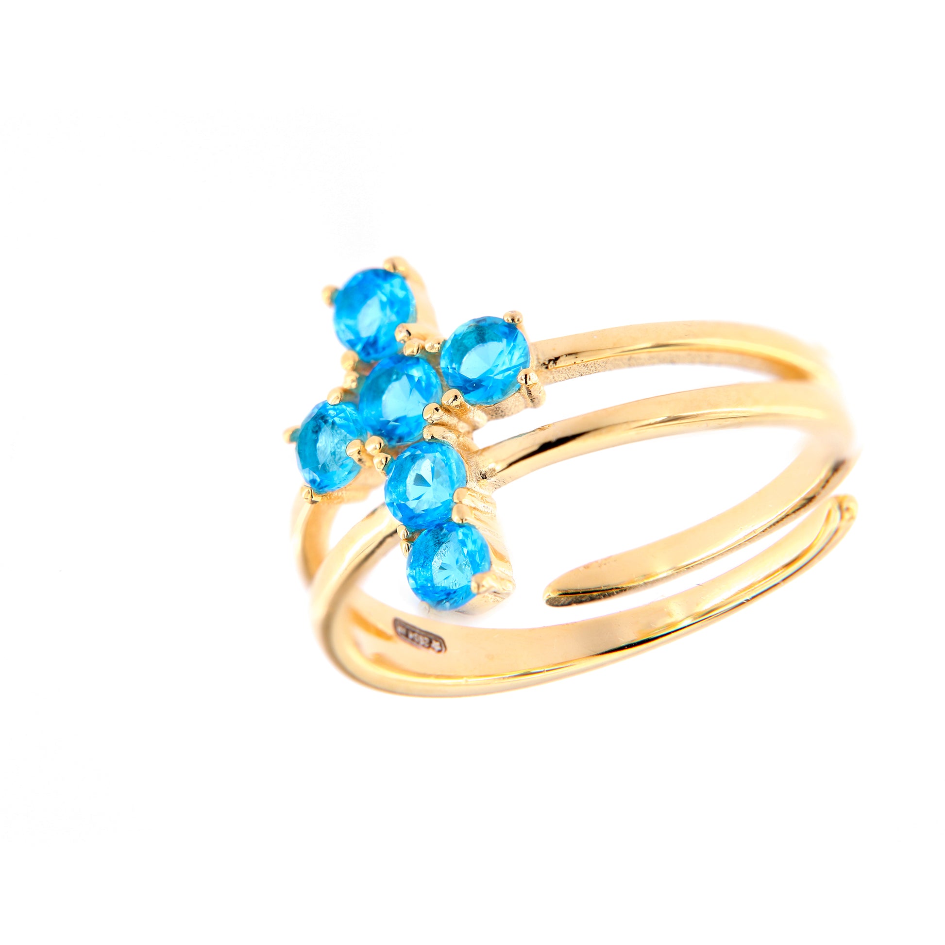 Anello Lumae Patronus, croce con zirconi celesti, argento 925 dorato