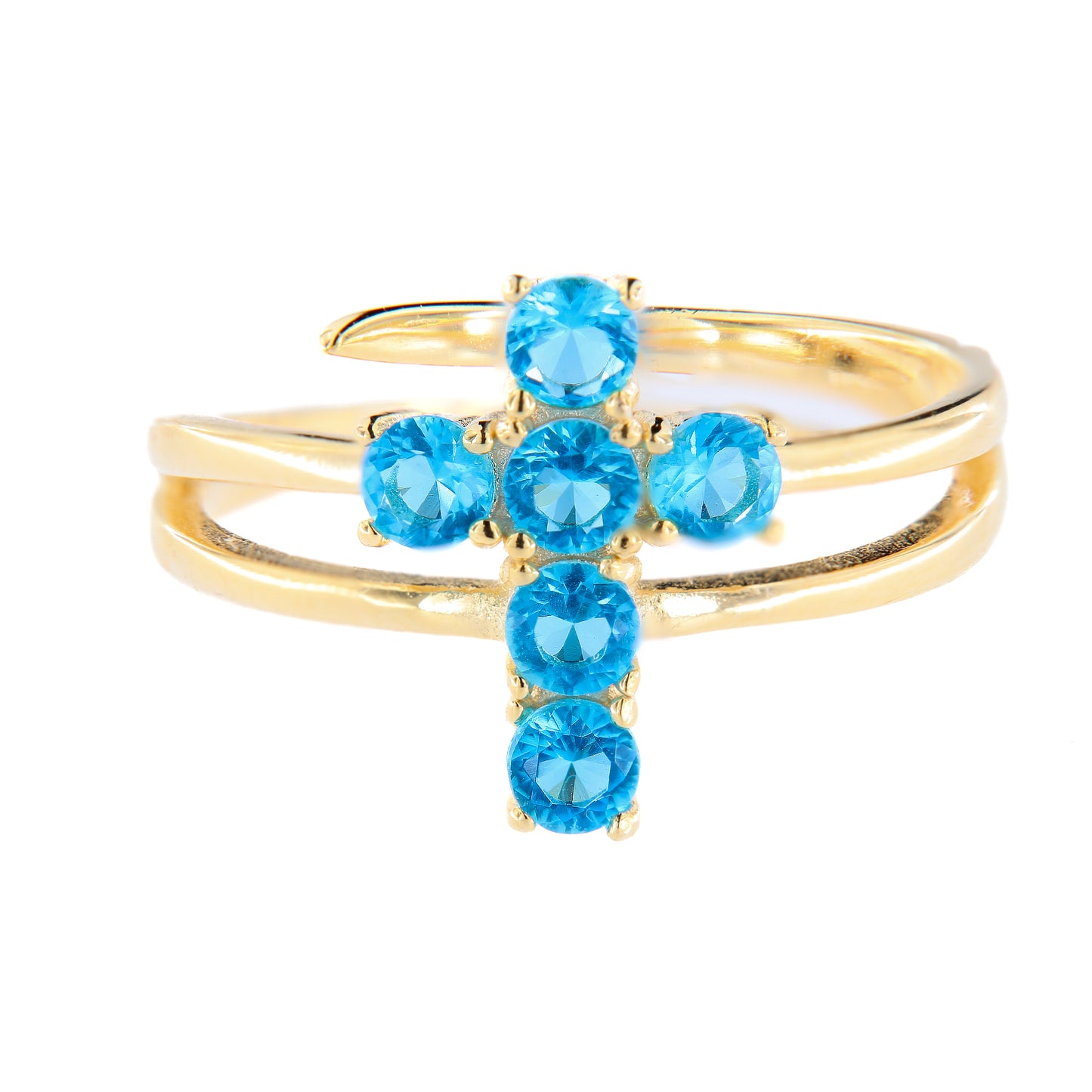 Anello Lumae Patronus, croce con zirconi celesti, argento 925 dorato