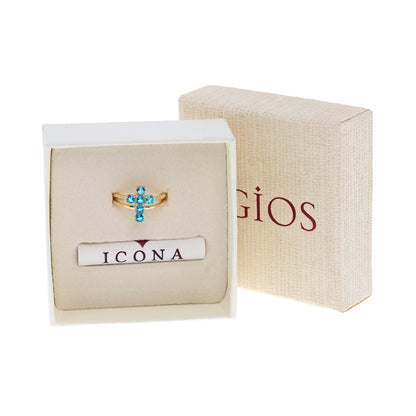 Anello Lumae Patronus, croce con zirconi celesti, argento 925 dorato