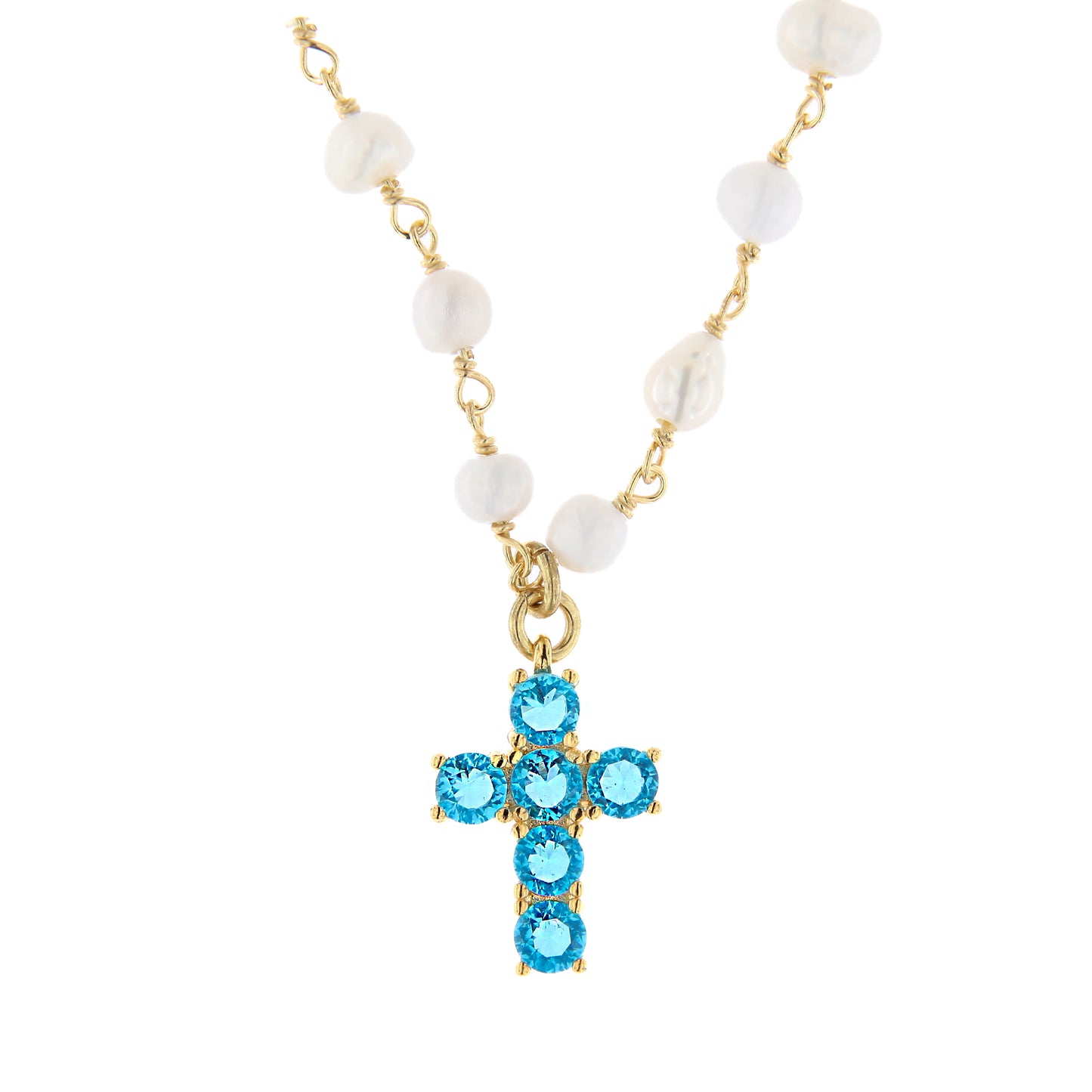 Collana Lumae Patronus, croce con zirconi celesti, argento 925 dorato