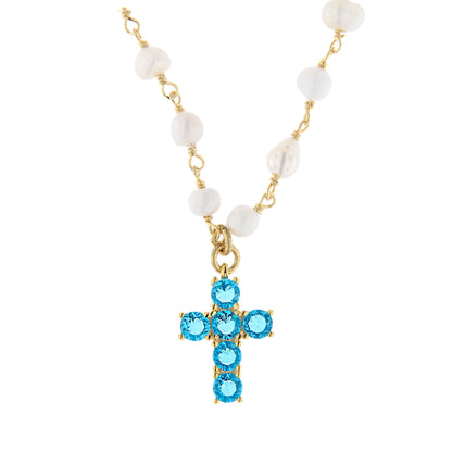 Collana Lumae Patronus, croce con zirconi celesti, argento 925 dorato