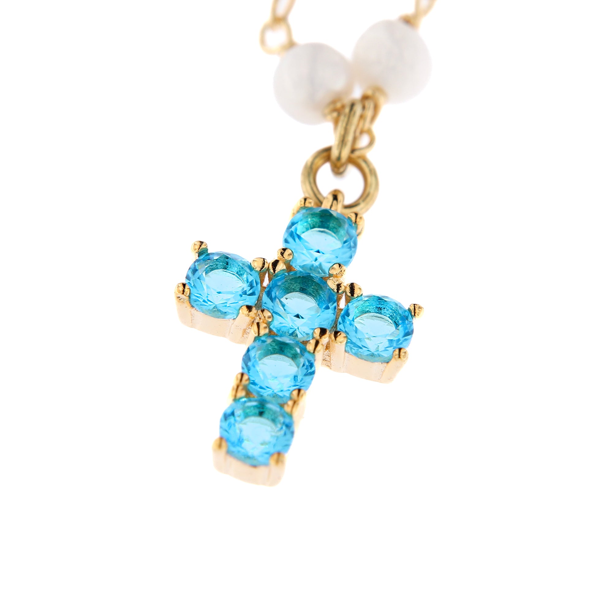 Collana Lumae Patronus, croce con zirconi celesti, argento 925 dorato