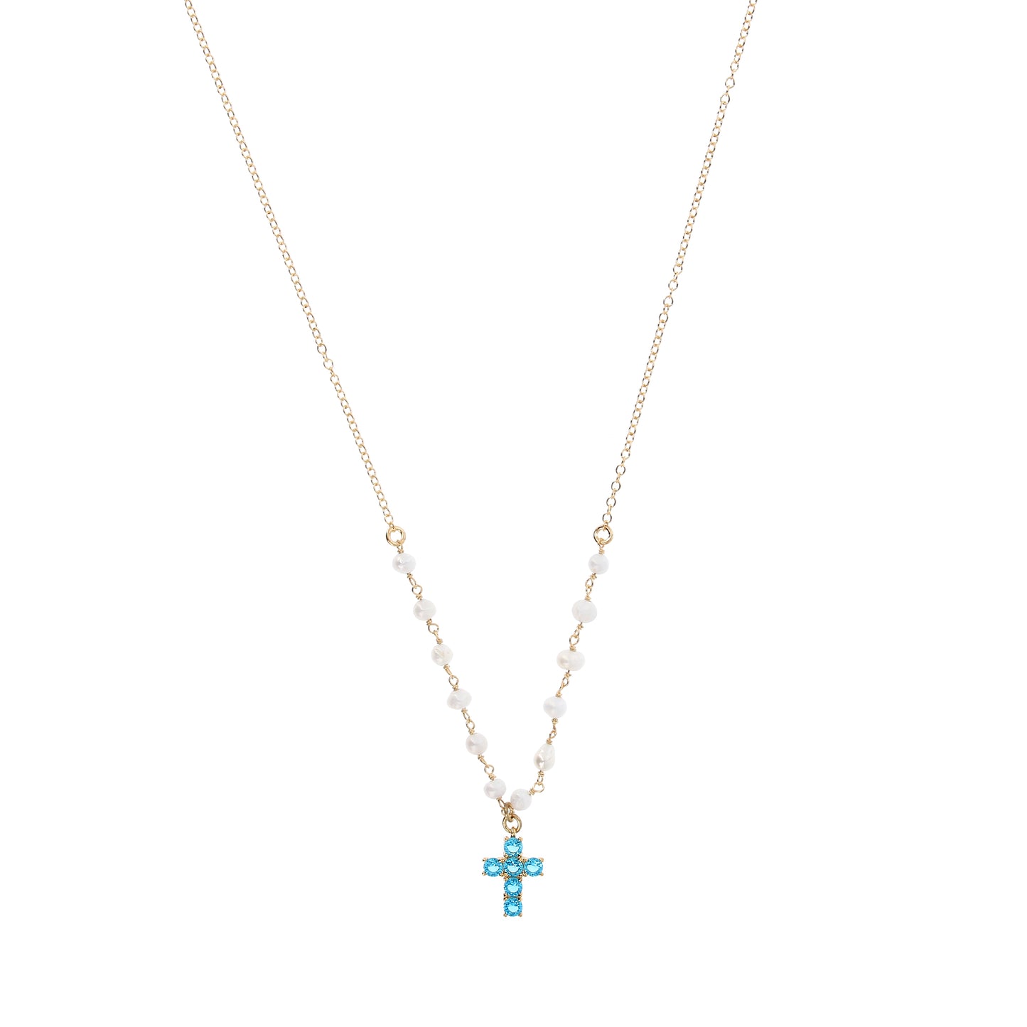 Collana Lumae Patronus, croce con zirconi celesti, argento 925 dorato