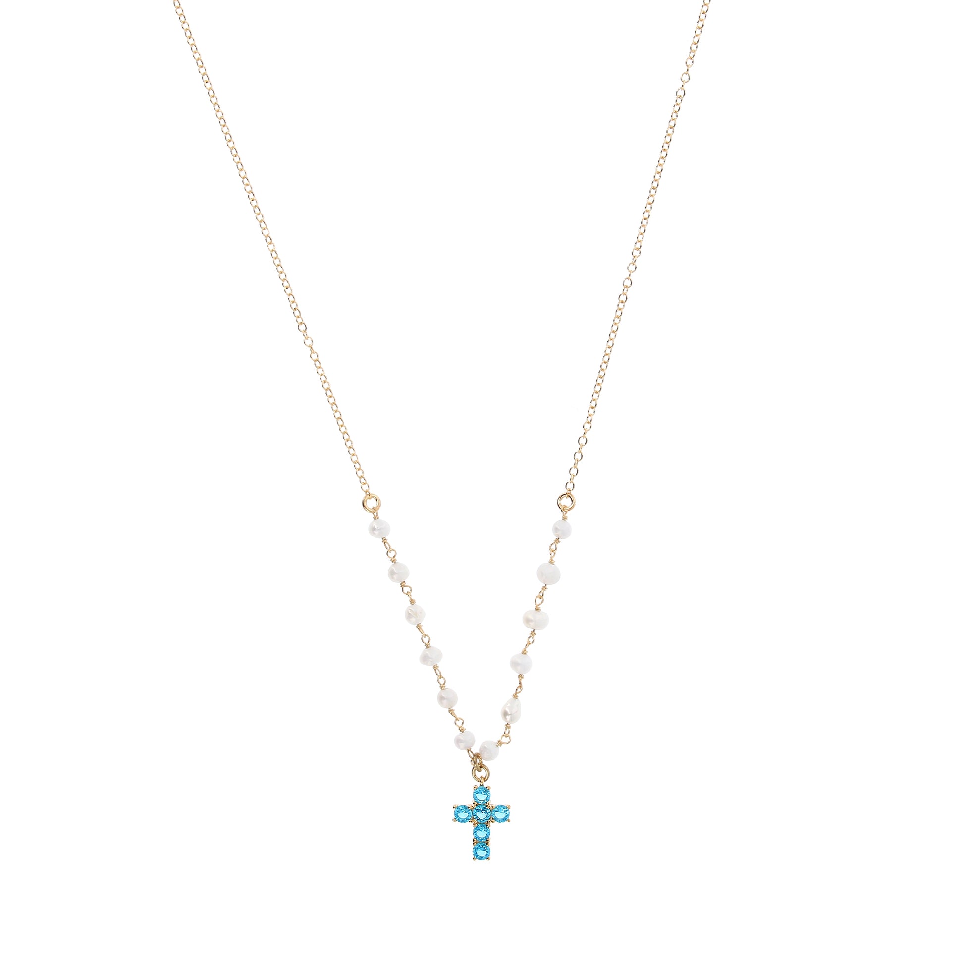 Collana Lumae Patronus, croce con zirconi celesti, argento 925 dorato