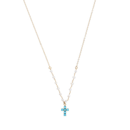 Collana Lumae Patronus, croce con zirconi celesti, argento 925 dorato