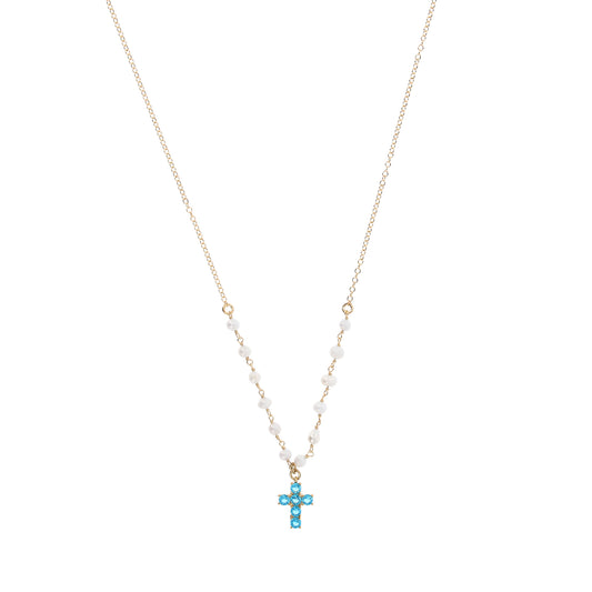 Collana Lumae Patronus, croce con zirconi celesti, argento 925 dorato