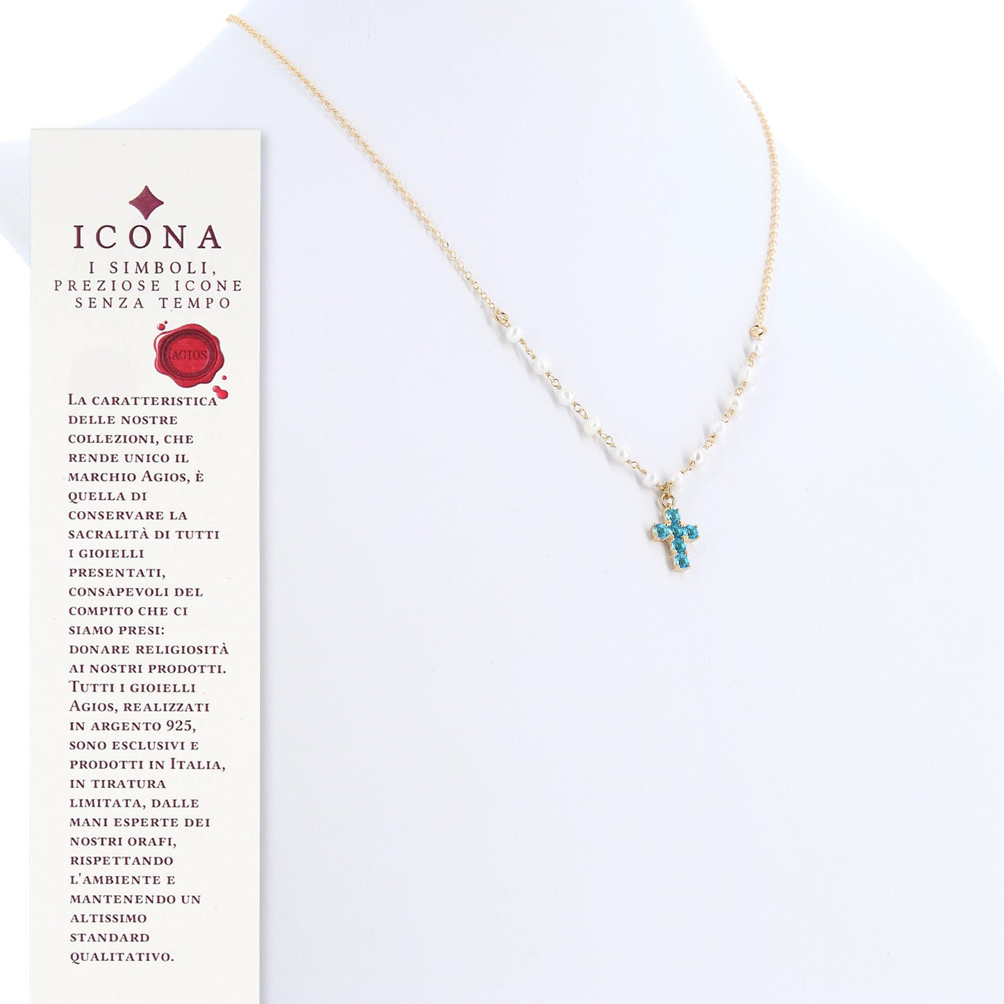 Collana Lumae Patronus, croce con zirconi celesti, argento 925 dorato