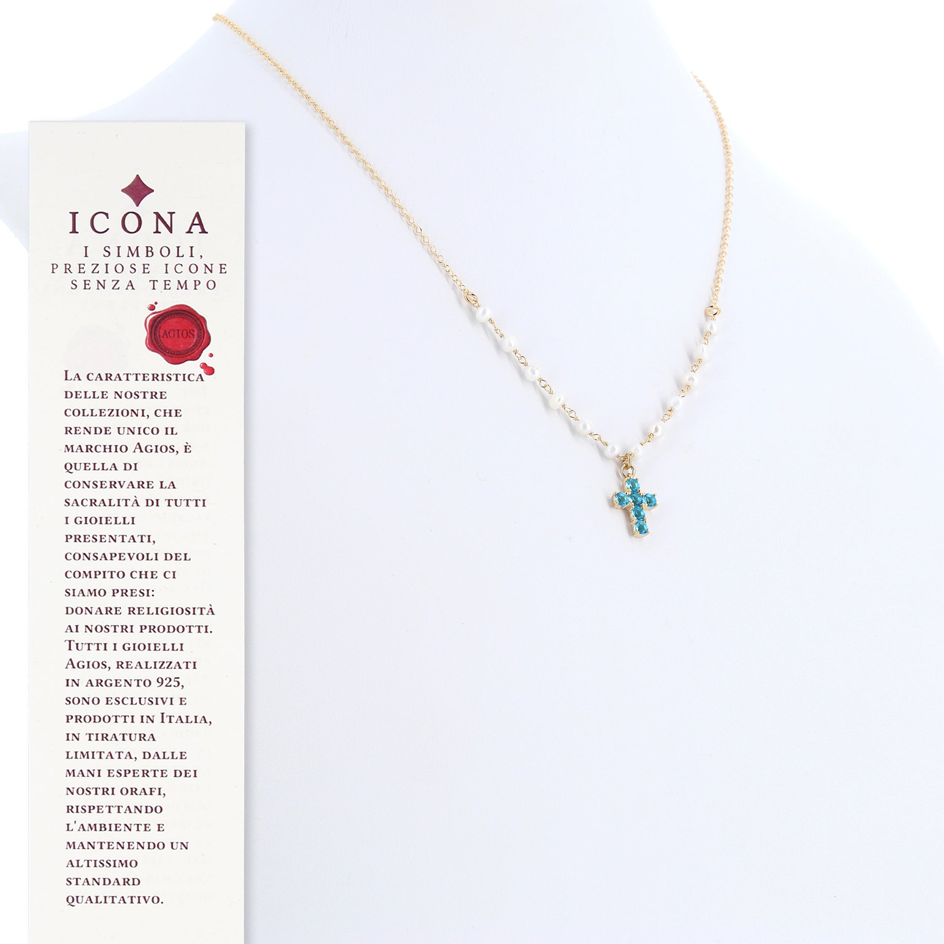 Collana Lumae Patronus, croce con zirconi celesti, argento 925 dorato
