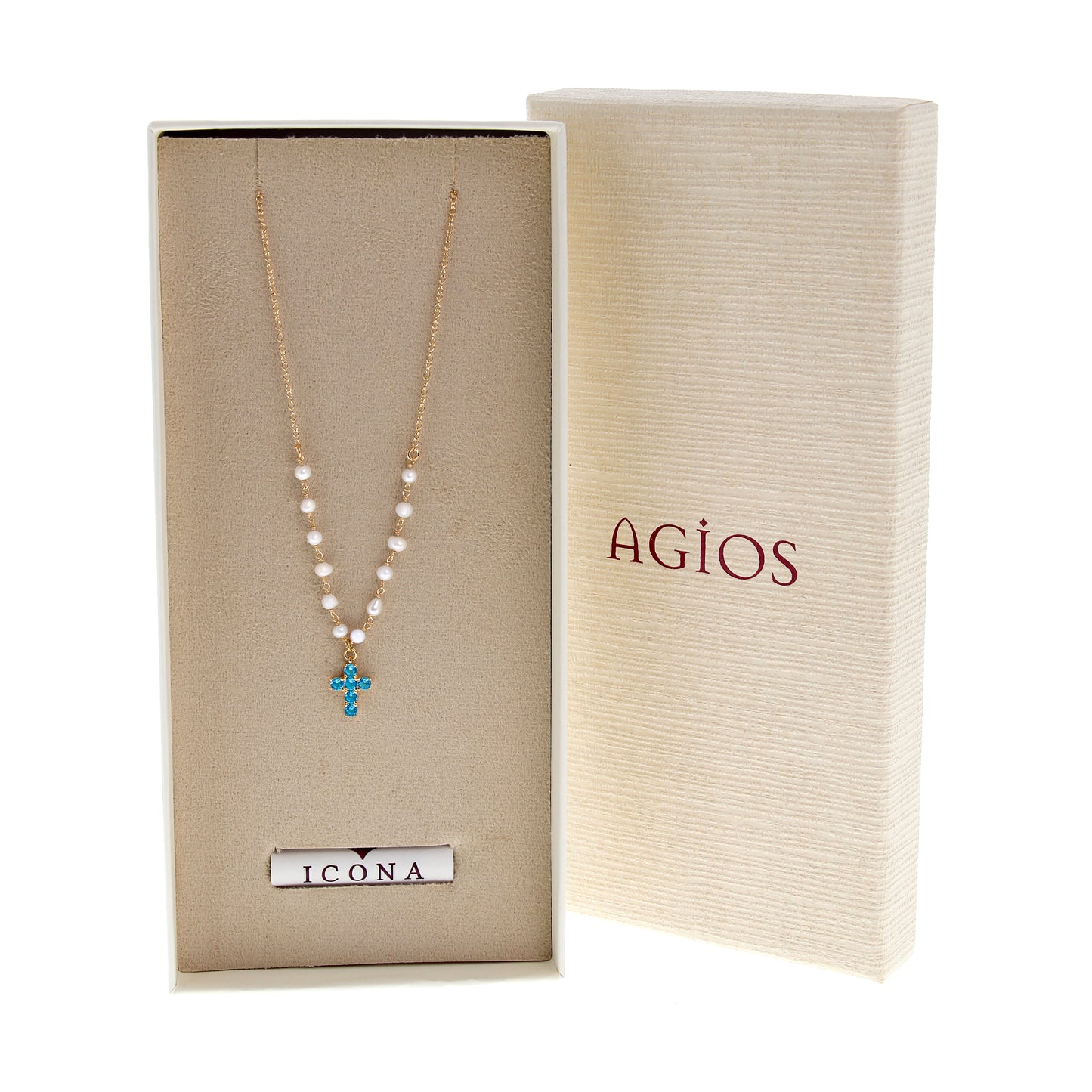 Collana Lumae Patronus, croce con zirconi celesti, argento 925 dorato