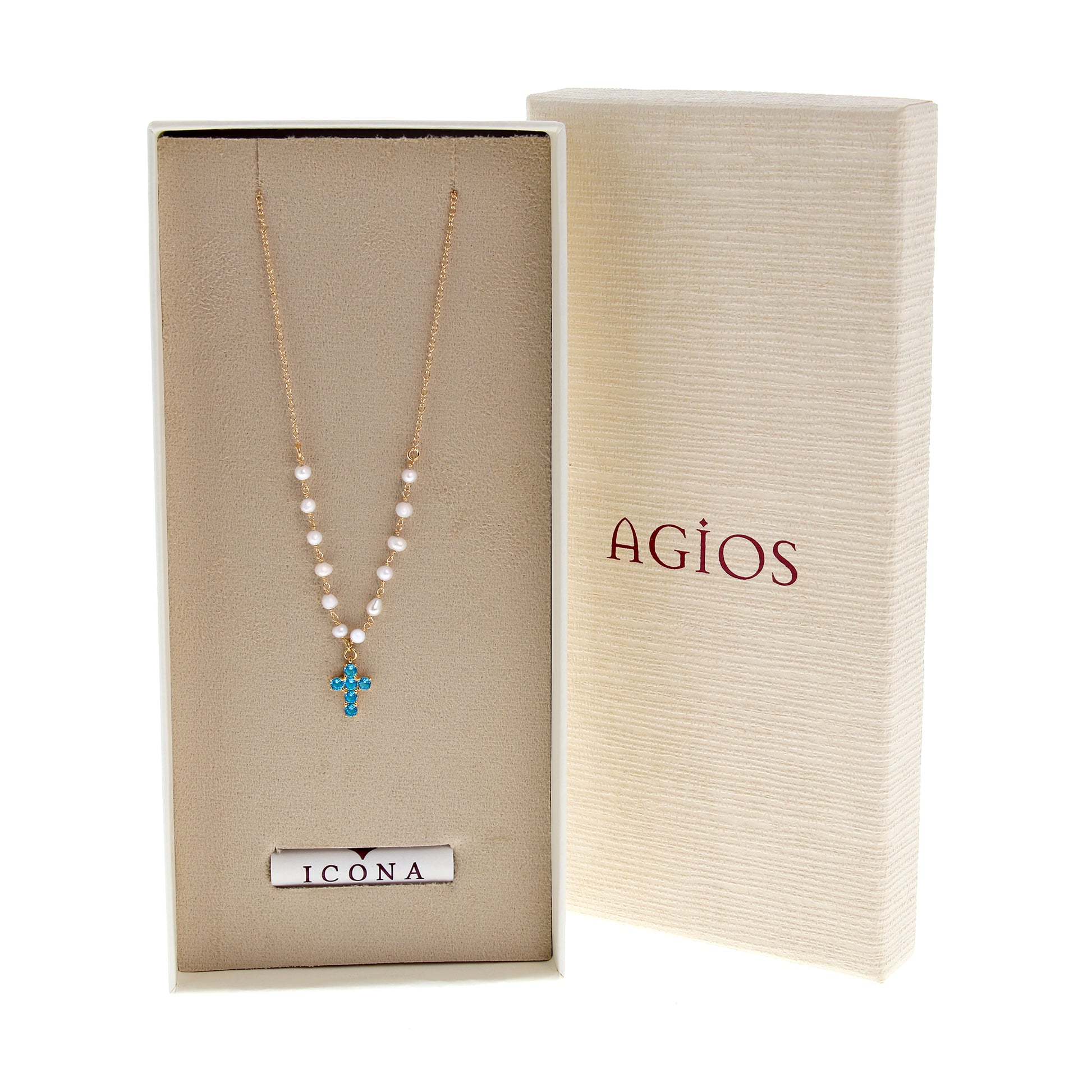 Collana Lumae Patronus, croce con zirconi celesti, argento 925 dorato