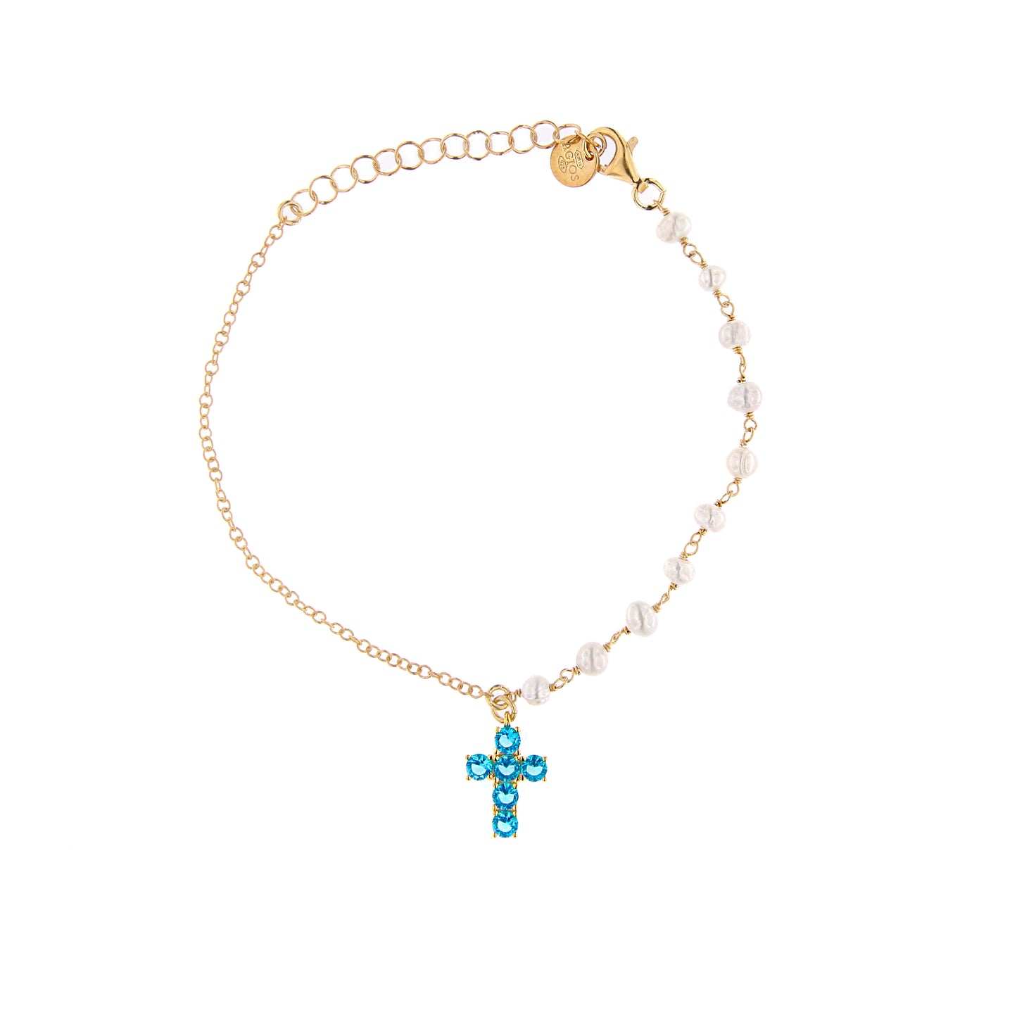 Bracciale Lumae Patronus, croce con zirconi celesti in argento 925 dorato