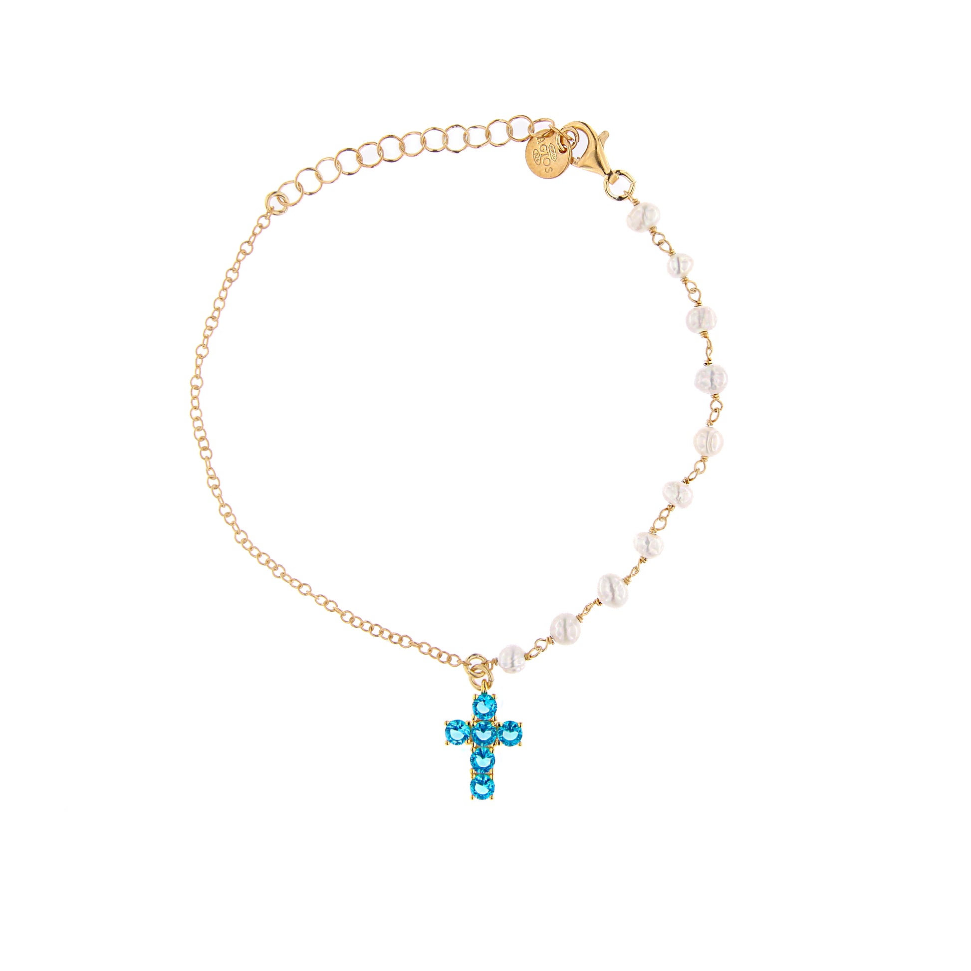 Bracciale Lumae Patronus, croce con zirconi celesti in argento 925 dorato