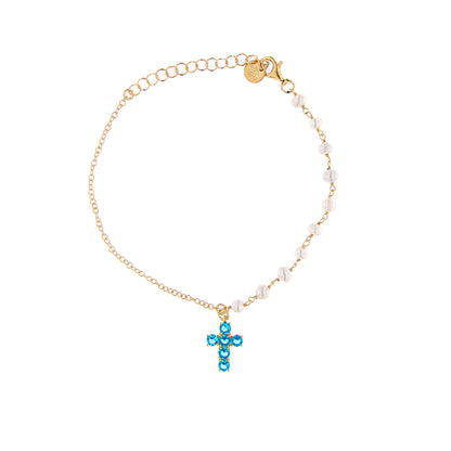 Bracciale Lumae Patronus, croce con zirconi celesti in argento 925 dorato