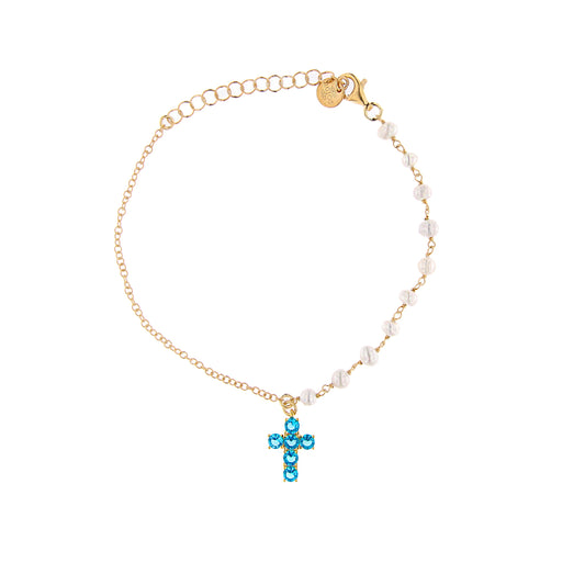 Bracciale Lumae Patronus, croce con zirconi celesti in argento 925 dorato