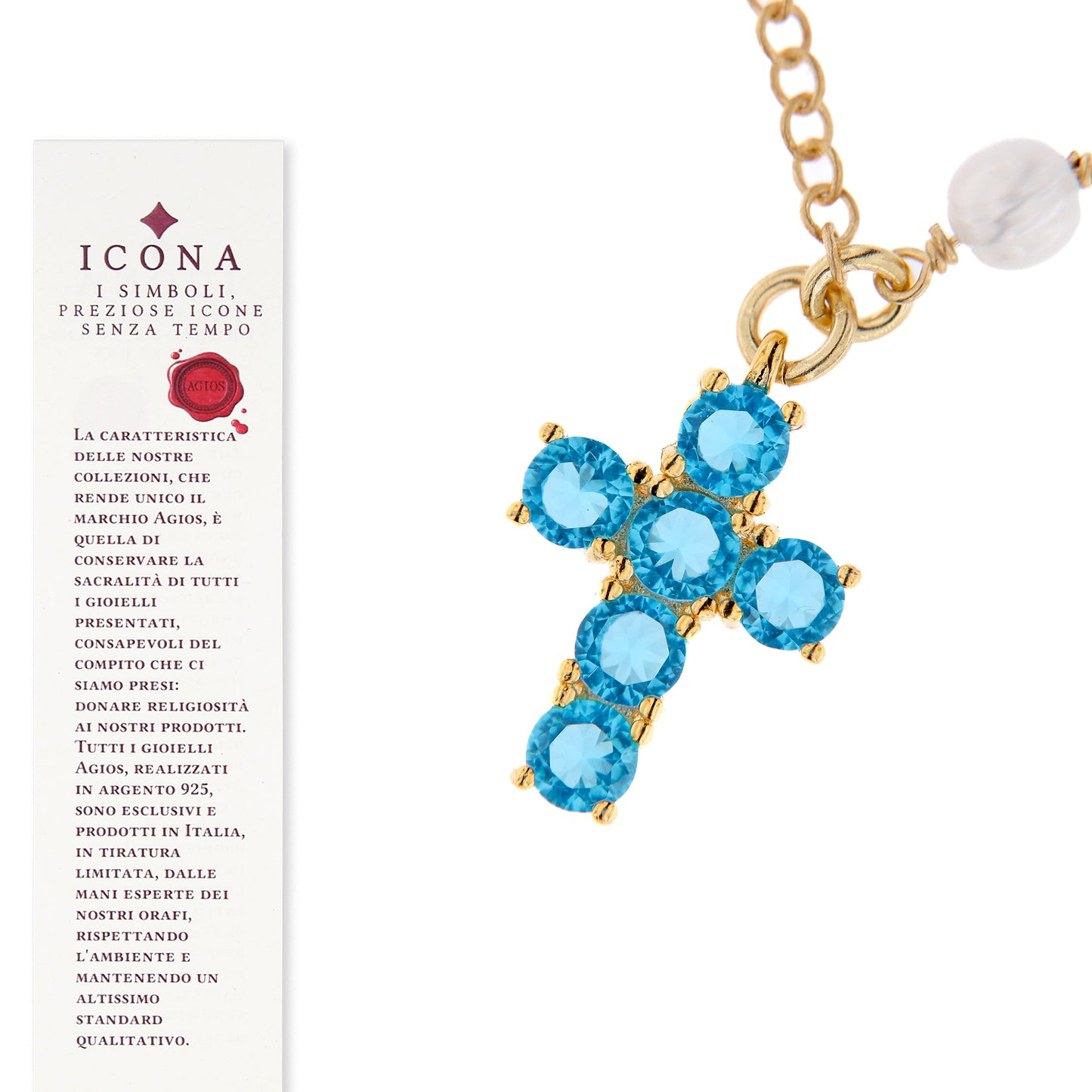Bracciale Lumae Patronus, croce con zirconi celesti in argento 925 dorato