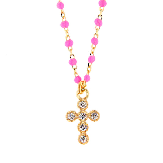 Collana Crucis, croce con zirconi, argento 925 dorato